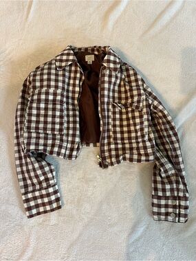 A new day * Cropped Brown and White Gingham Zip Jacket